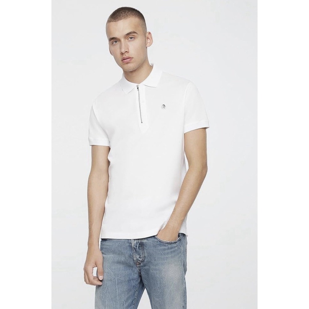 Diesel T Hart Zip Up Polo Shirt in White Chest Patch Logo Men XL NWOT
